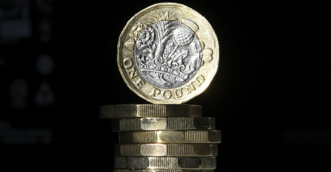This file photo taken on October 05, 2017 shows British one pound sterling coins arranged for a photograph in central London. Britain's old one-pound coin is being phased out completely on October 15, 2017, but businesses complain they have been given too little time to switch to the new one and many are planning to defy the deadline. Daniel SORABJI / AFP