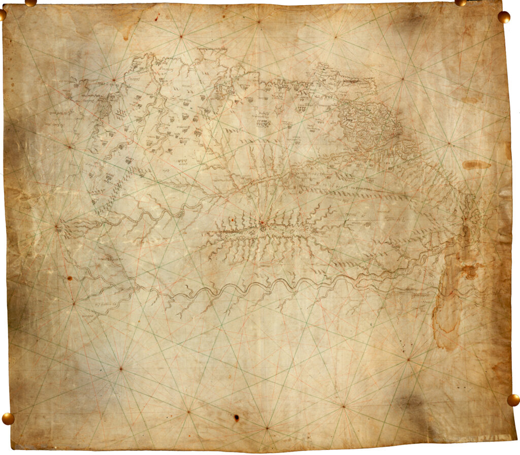 Imagen 1. Mapa de 1595 atribuido a Walter Raleigh de lo que luego sería Venezuela. Muestra la ubicación del lago Parima en medio de los ríos Orinoco y Amazonas. Museo de Londres, coded Add, MS. 17940. Imagen: ©The British Library Board. Fuente: José Miguel Pérez-Gómez