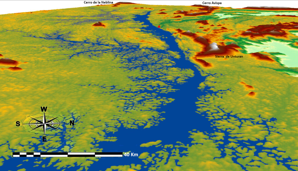 Proyección del lago en 3D a partir de una imagen de 12 metros de resolución espacial tomada por el satélite alemán. Fuente: José Miguel Pérez-Gómez